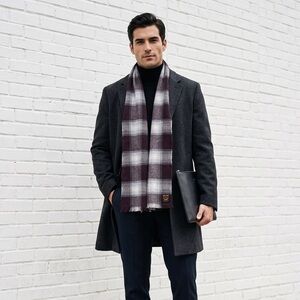 Vintage John Forsyth 100% Pure Wool Scarf Plaid Fringe Burgundy Grey Academia